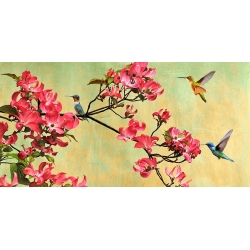 Tableau sur toile. Kelly Parr, Colibris et fleurs de magnolia (détail)