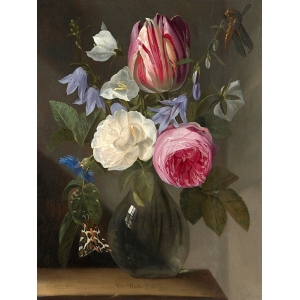 Tableau sur toile. van Thielen, Des roses et une tulipe dans un vase