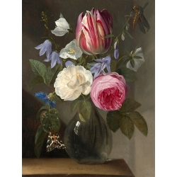 Quadro fiori. Van Thielen, Rose e tulipani in un vaso di cristallo