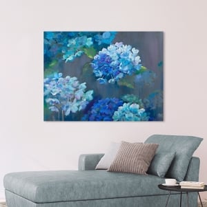 Quadro con fiori, stampa su tela. Nel Whatmore, Ortensie in blu