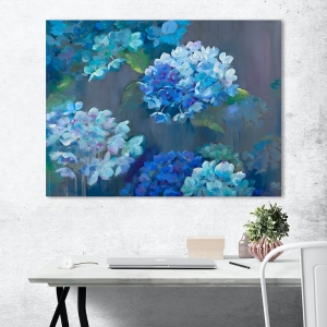 Quadro con fiori, stampa su tela. Nel Whatmore, Ortensie in blu