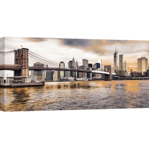 Wall art print and canvas. Brooklyn Bridge and Lower Manhattan at sunset, New York