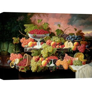 Quadro, stampa su tela. Severin Roesen, Natura morta con frutta e paesaggio al tramonto