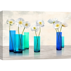 Wall art print and canvas. Cynthia Ann, Poppies in crystal vases (Aqua palette)