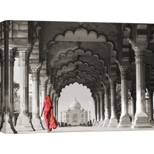 Wall art print and canvas. Pangea Images, Woman in traditional Sari walking towards Taj Mahal (BW)
