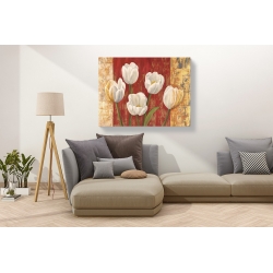 Wall art print and canvas. Jenny Thomlinson, Tulips on Royal Red