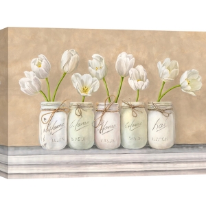 Tableau fleurs. Tulipes blanches dans des vases Mason Jars