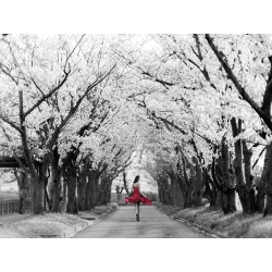 Wall art print, canvas, poster. Woman in tree-lined avenue