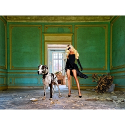 Art print, canvas, poster. Fashion woman with dog in decayed palace