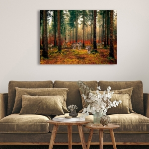 Wall art print, canvas, poster with Pack of wolves in the wood