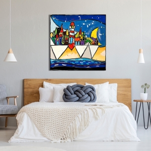 Colorful wall art print and canvas. Wallas, Happy Village Boat
