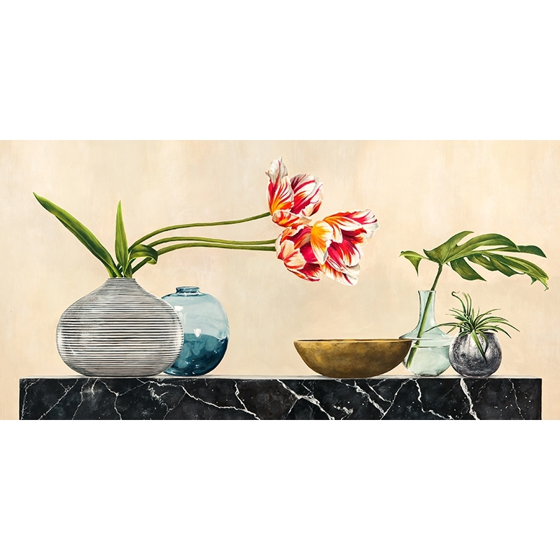 Art print, canvas, Jenny Thomlinson, Floral Setting on Black Marble