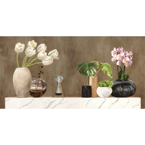 Cuadro en lienzo, poster, Composición floral sobre mármol blanco