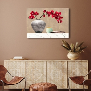 Cuadro en lienzo, poster, Orquídeas rojas sobre mármol blanco, det