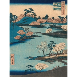 Stampa Hiroshige Giardino aperto al Santuario Hachiman, Fukagawa