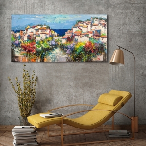Cuadro paisaje, lienzo y poster, Luigi Florio, Pueblo junto al mar