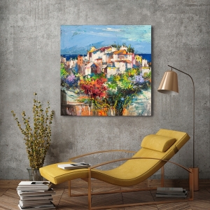 Tableau paysage de Luigi Florio, Village au bord de la mer I