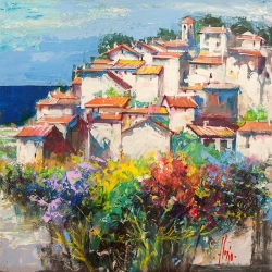 Tableau paysage de Luigi Florio, Village au bord de la mer II