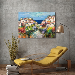 Tableau paysage de Luigi Florio, Village au bord de la mer (détail)