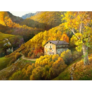 Quadro con bosco, Adriano Galasso, Casa nel bosco tra i monti