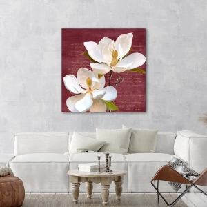 Quadro fiori bianchi su fondo rosso, Burgundy Magnolia II