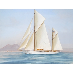 Quadro, stampa su tela. Antonio De Simone, La barca a vela Ketch Xarifane nel Golfo di Napoli, 1913