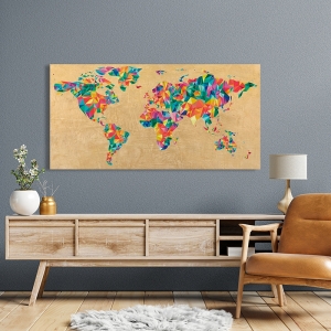 Tableau sur toile, affiche Carte du monde multicolore (dorée)