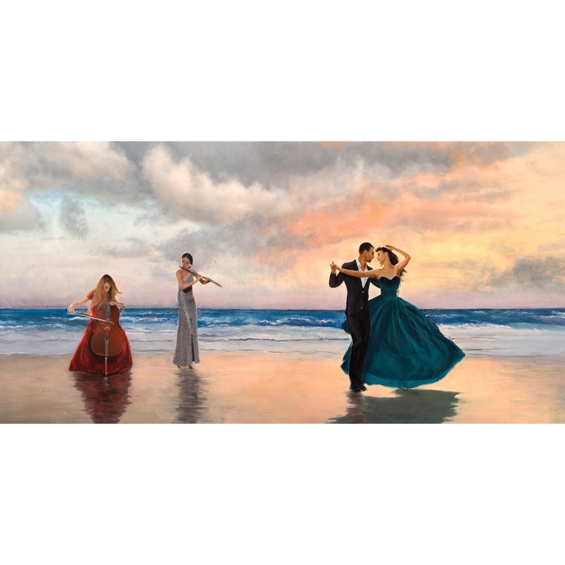 Leinwandbild im Vettriano-Stil, Tanzen am Strand von Pierre Benson