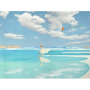 Cuadro moderno mujer el la playa, Volando sobre el agua de Benson