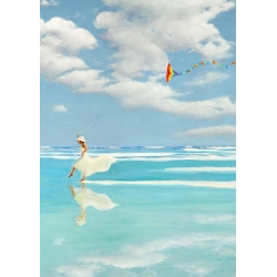Kunstdruck Frau am Strand, Fliegen auf dem Wasser von Benson