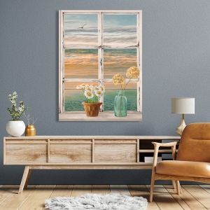 Kunstdruck, Fenster am Meer, Sonnenuntergang II von Remy Dellal